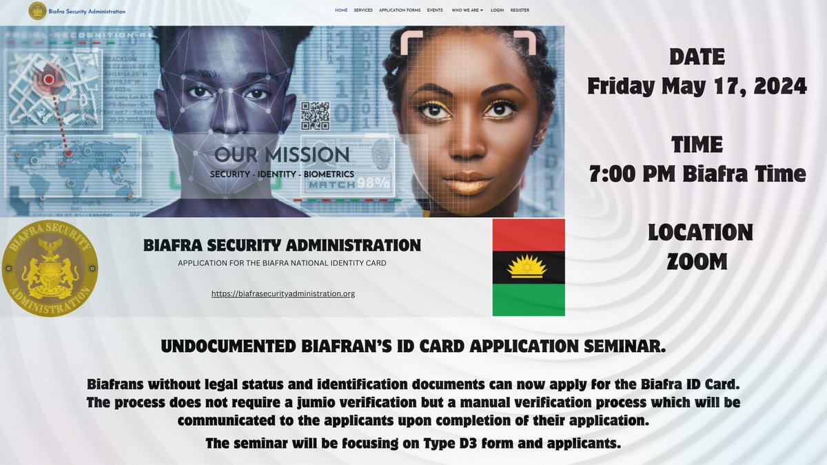 BIAFRA REPUBLIC GOVERNMENT  is inviting you to a scheduled Zoom meeting.

Topic: Undocumented Biafra ID Card - Type D3 Application Seminar
Time: May 17, 2024 07:00 PM  Biafra Time 
                 Biafra Time 7pm
Join Zoom Meeting
us06web.zoom.us/j/9179575984?p…

Meeting ID: 917 957