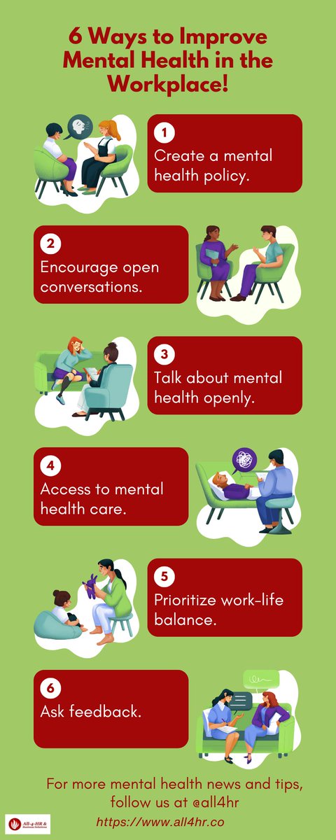 'Check out our infographic on 6 ways to support mental health in the workplace. Save it for future reference!' #all4hr #smeconsulting #workplacementalhealth #fyp #hrmanagement