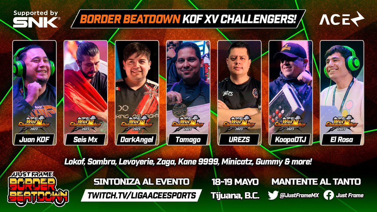 JUST FRAME (@justframemx) on Twitter photo Tune in this weekend for some INSANE offline KOF XV action @ BORDER BEATDOWN 2024!
Featuring SWC2023 Finalists & 🇲🇽 Finest:
<a href="/Juan_K0F/">JUAN KOF</a>
<a href="/MxSeis/">Seis mx</a>
<a href="/DarkAngelMX1/">NAVI | DarkAngel</a>
<a href="/ChonFx/">Falcon | Tamago</a>
<a href="/urezss/">UREZS</a>
<a href="/koopa_dtj/">KoopaDTJ</a>
<a href="/elrosa_/">TxC | El Rosa</a>
<a href="/lokofruletas/">lokof</a>
<a href="/Kane9IX9IX/">E.S.T.A. LOA|Kane 9999</a>
<a href="/prkminicatz/">PRKminicatz</a>
<a href="/JoseFra67598718/">Jose Francisco Castillo Arzola</a>
<a href="/D_Gummy5/">Dinasty/Gummy</a> & more!
Stream ⤵️ Tune in this weekend for some INSANE offline KOF XV action @ BORDER BEATDOWN 2024!
Featuring SWC2023 Finalists & 🇲🇽 Finest:
<a href="/Juan_K0F/">JUAN KOF</a>
<a href="/MxSeis/">Seis mx</a>
<a href="/DarkAngelMX1/">NAVI | DarkAngel</a>
<a href="/ChonFx/">Falcon | Tamago</a>
<a href="/urezss/">UREZS</a>
<a href="/koopa_dtj/">KoopaDTJ</a>
<a href="/elrosa_/">TxC | El Rosa</a>
<a href="/lokofruletas/">lokof</a>
<a href="/Kane9IX9IX/">E.S.T.A. LOA|Kane 9999</a>
<a href="/prkminicatz/">PRKminicatz</a>
<a href="/JoseFra67598718/">Jose Francisco Castillo Arzola</a>
<a href="/D_Gummy5/">Dinasty/Gummy</a> & more!
Stream ⤵️