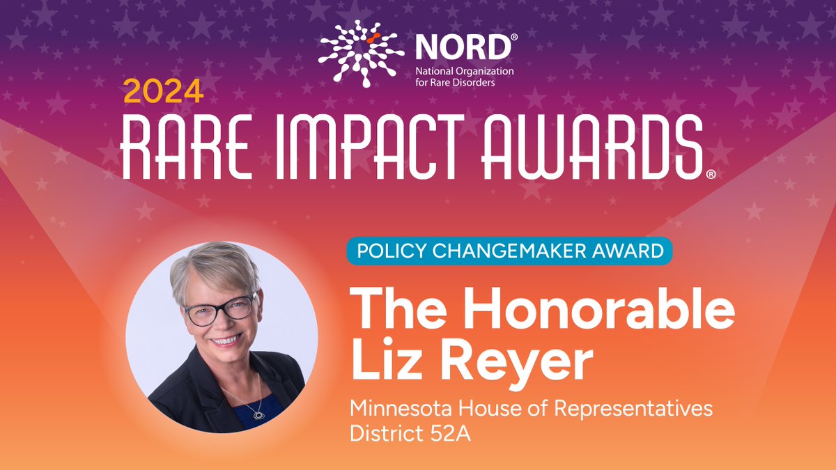 Today we spotlight Policy Changemaker + #RareImpactAwards Honoree, #Minnesota Rep. Liz Reyer! @lreyer has been a staunch ally to constituents with #RareDiseases, including establishing and serving on the MN #RDAC.

Meet all our #RareImpactAwards Honorees: rareimpact.org