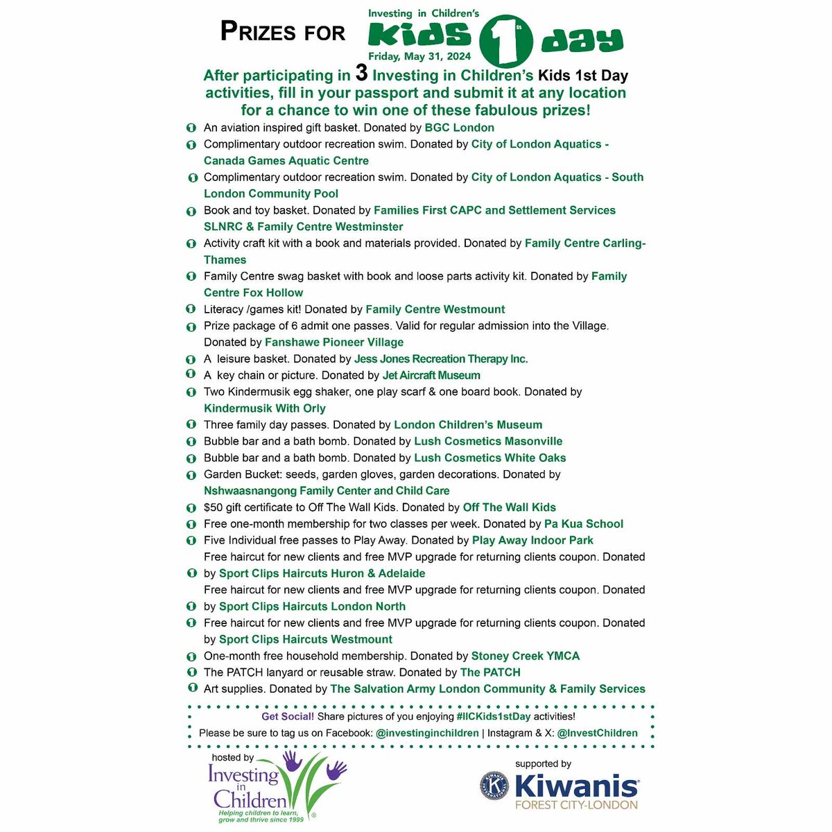 YAY, it’s Kids 1st Day week! Did you see all the great prizes up for grabs on Friday for Investing in Children's Kids 1st Day?
#Kids1stDay
 <a href="/EldonHouse1834/">Eldon House Museum</a>  <a href="/ldnchildmuseum/">London Children's Museum</a>  <a href="/catfishcreekca/">Catfish Creek CA</a>  @kindermusikwithorly @RCRMuseum  <a href="/_JAM_News/">Jet Aircraft Museum</a>  <a href="/Childreach/">Childreach</a>  <a href="/londonlibrary/">LondonPublicLibrary</a>  <a href="/GrowingChefsON/">Growing Chefs! ON</a>