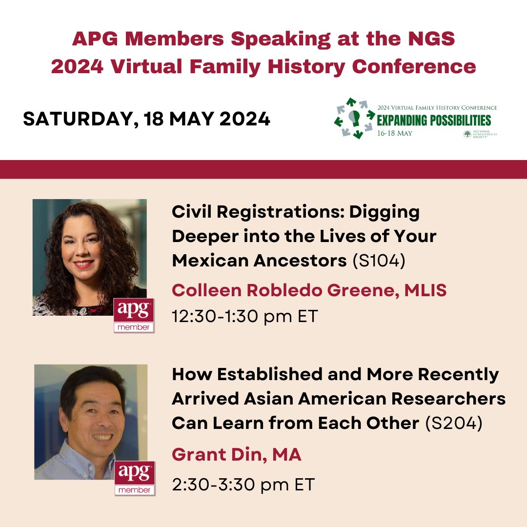 Attending this week’s @NGSgenealogy 2024 Virtual Family History Conference? It's a great opportunity to hear from professional genealogists on topics related to a wide variety of communities, including APG members Coleen Robledo Greene & Grant Din on Saturday. #NGS2024GEN