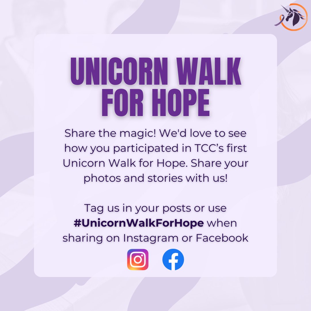 Share the magic! We'd love to see how you have participated in TCC's Unicorn Walk for Hope Virtual Event. Please share your photos and stories with us! 📸

#WalkForACause #ThymicCancerAwarenessMonth #RaiseAwareness #UnicornWalkForHope