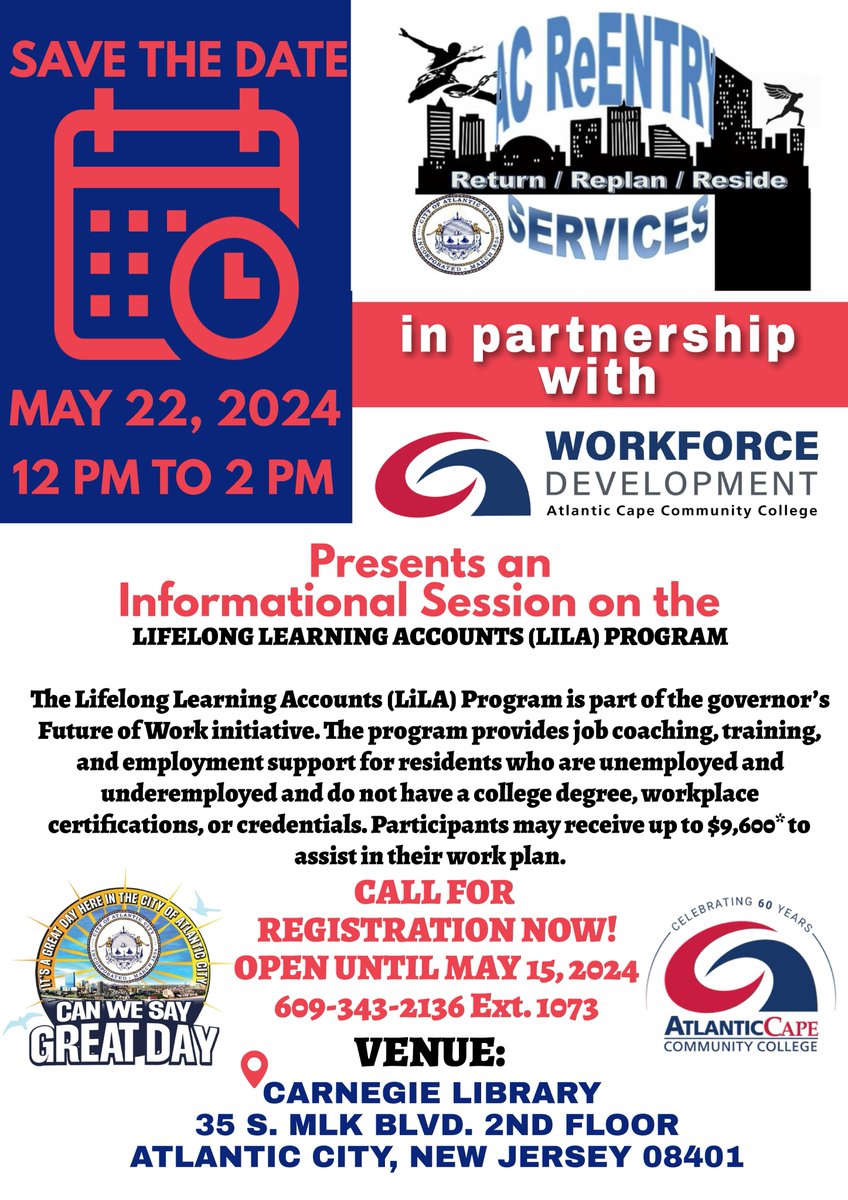 Our Re-Entry Services division, in partnership with @Atlantic Cape Community College Workforce Development, is holding an Informational Session this Wednesday on the Lifelong Learning Accounts (LiLA) Program, registration info is in the flyer 👇
