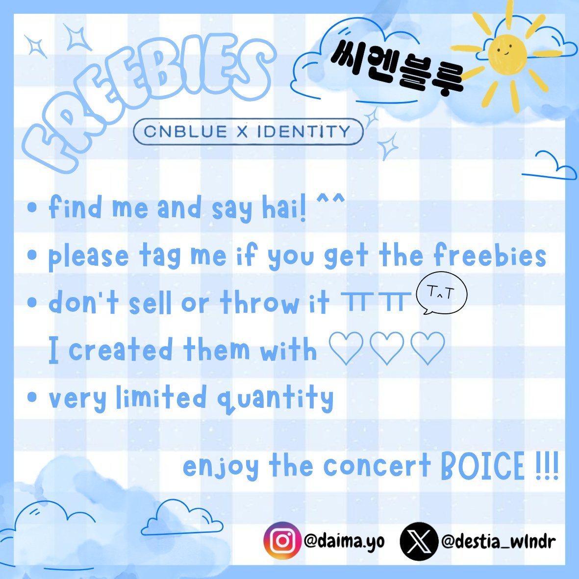 hola BOICE!!!
I'll be giving out freebies at CNBLUENTITY in Jakarta^^

very limited quantity so first come first get :)
📍around ICE BSD City Hall 1
25 May 2024
time TBA (around 1-3 PM WIB)

ayo trade freebies!
like & RT are appreciated 💙 see u~
#CNBLUENTITYinJKT #CNBLUE #BOICE