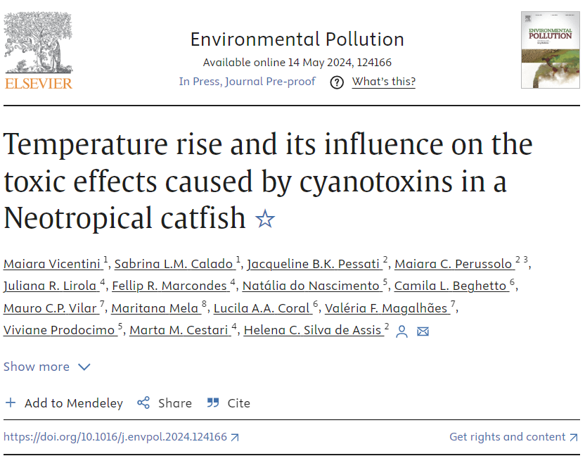 Happy to share our new paper recently published in #EnvironmentalPollution as a fruitful collab with colleagues from @UFPR in which we examined how temperature rising affects the toxicity of extracts from a #saxitoxin-producing #cyanobacteria on a neotropical catfish. 🧪🐟☠️