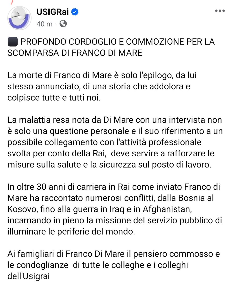 Profondo cordoglio e commozione per la scomparsa di Franco Di Mare