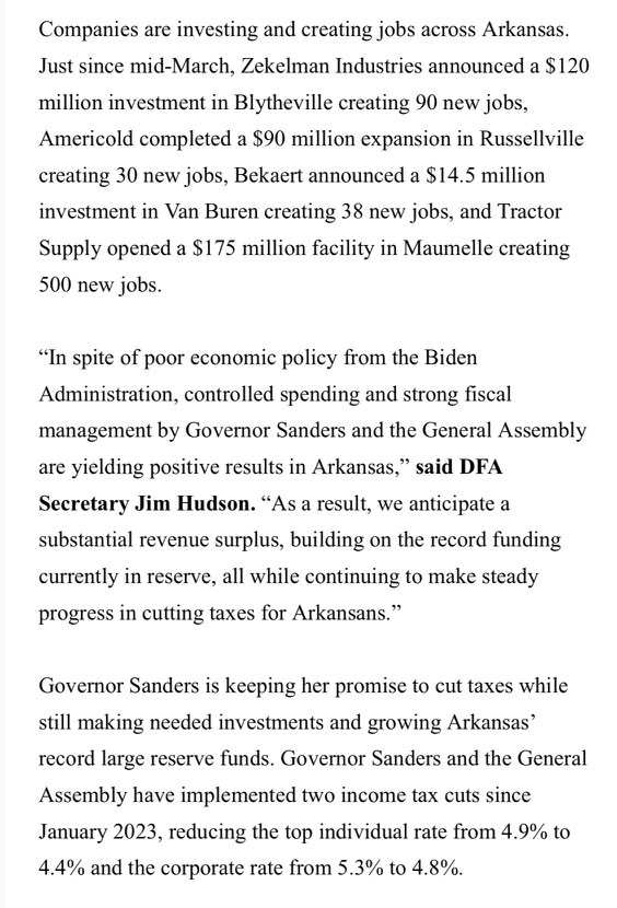 Under President Biden’s leadership, our national economy is dragging. Blue states are shrinking. But Arkansas is roaring ahead. We now have more people working in our state than ever before, and we added more than 13,000 jobs in just one month.