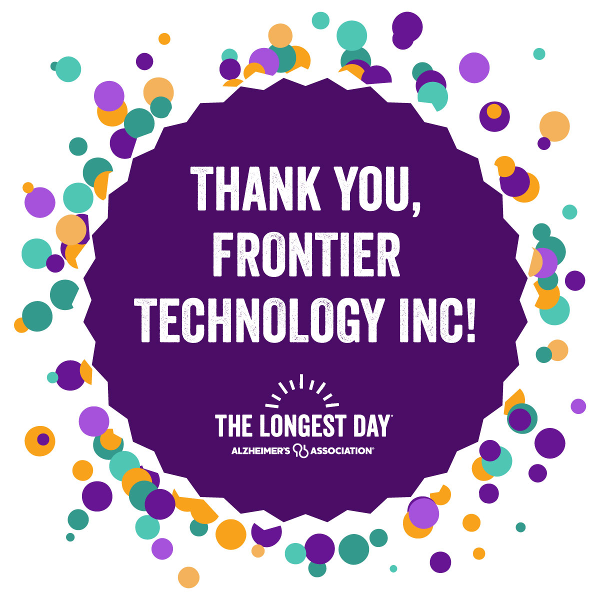 Thank you, @FrontierTechno, for joining us as a new #TheLongestDay Silver Global Team in 2023! They exceeded their fundraising goal raising more than $111K to #ENDALZ. We are excited to see their impact in 2024! 💜