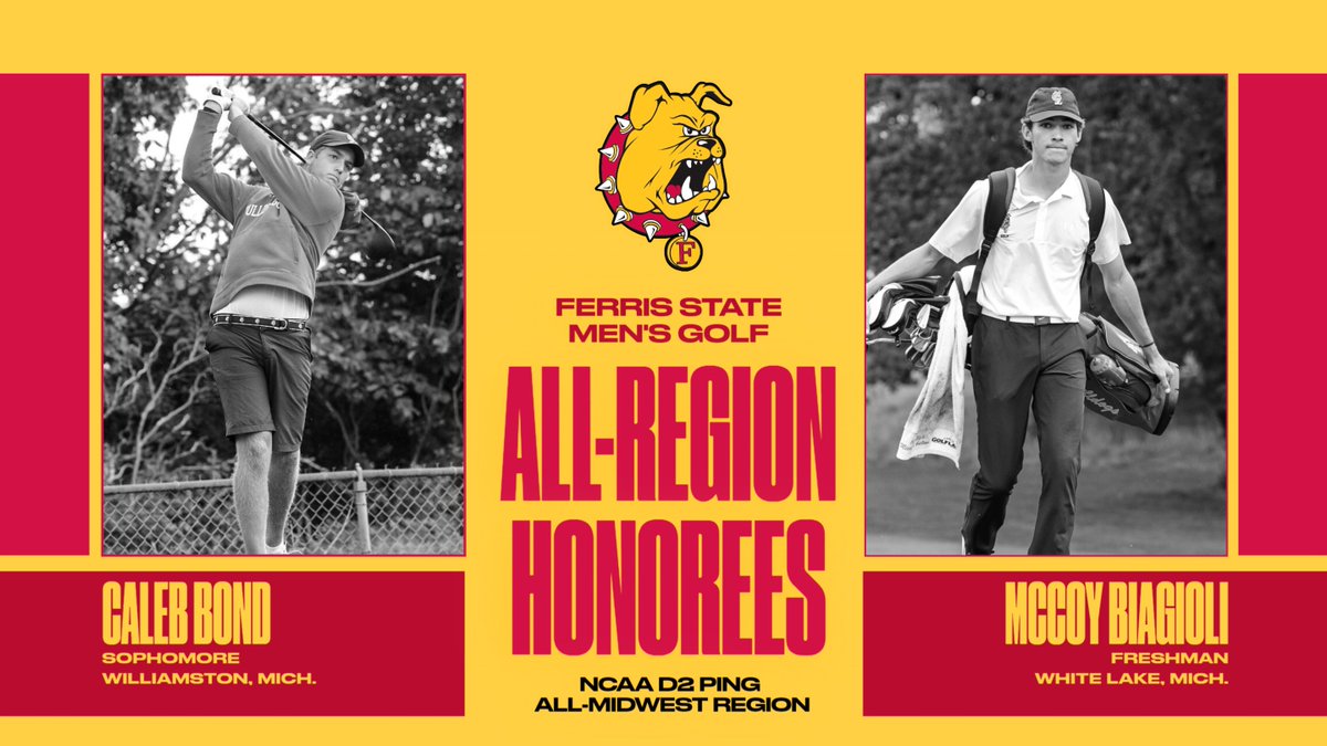 CONGRATS! Ferris State men's golf standouts Caleb Bond & McCoy Biagioli have both been named to the 2024 NCAA Division II PING All-Midwest Region Team! Go Bulldogs! tinyurl.com/2snz6te8 @FerrisStateGolf
