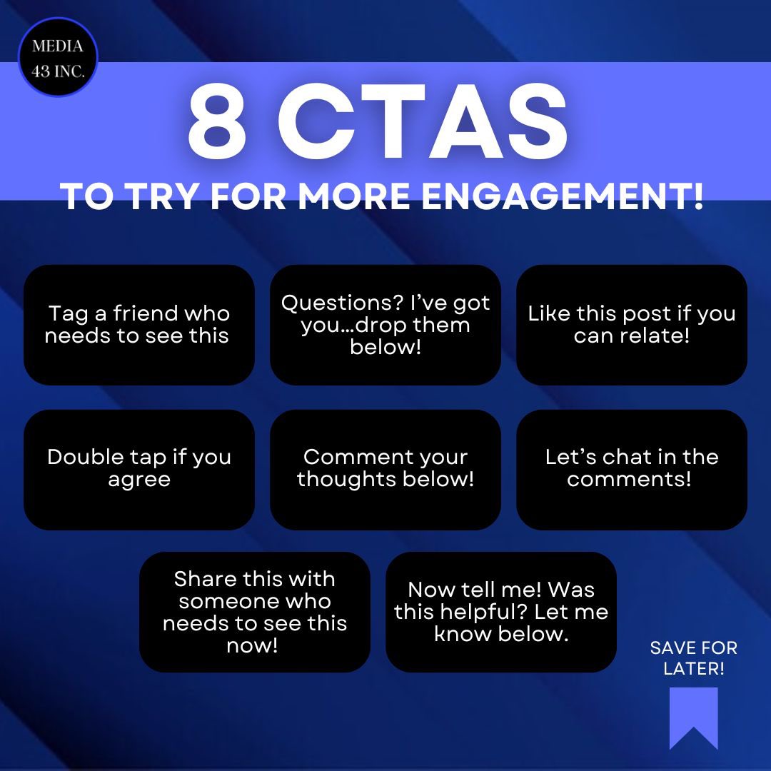 Looking for a way to build a connection with your followers and boost your engagement? How about starting a conversation? Try these CTA's in your next post!

media43.com

#socialmedia #socialmediamanagement #socialmediatips #digitalmarketing #Media43Inc