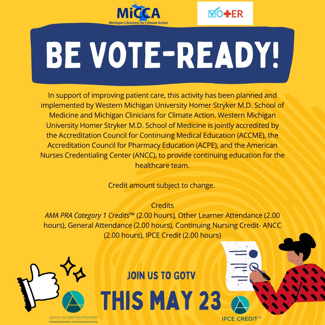 A vote for climate is a vote for health! Join us and @Vot_ER_org on May 23rd @ 6pm to learn more about civic engagement and voting outcomes. AND you can claim FREE CME/CE credits. #voteforhealth
