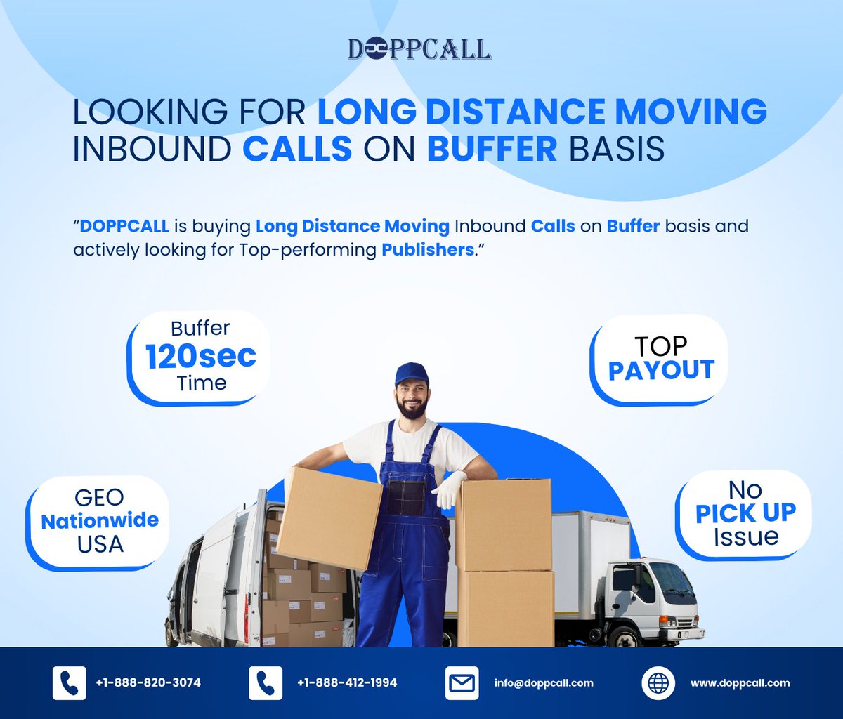 We've a high-demand for Long Distance Moving Inbound Calls and are actively looking for Top-performing Publishers.

If you have inbound calls (no transfers), please contact us:

📧 info@doppcall.com
☎️ +1-888-820-3074 or +1-888-412-1994
🌐 doppcall.com/publisher/sign…

#InboundCalls