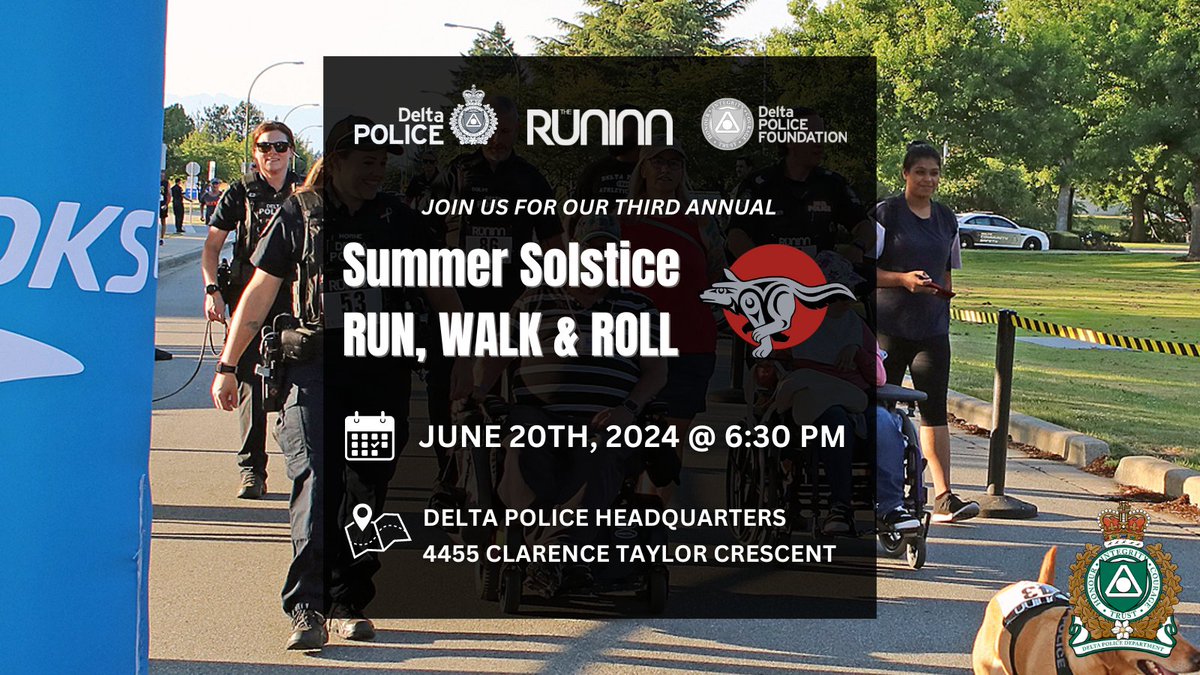 Join us for the 3rd annual #SummerSolsticeRWR! 🏃🏽🚶🏻‍♀️👨🏽‍🦽 Hosted by Delta Police Foundation, DPD, and @TheRunInnStores. Last year, 200+ participants enjoyed fun for everyone! 🌞 📍 Where: Delta Police HQ 📅 When: June 20th, 2024 @ 6:30 PM 🌐 Registration: bit.ly/3xIiMpm