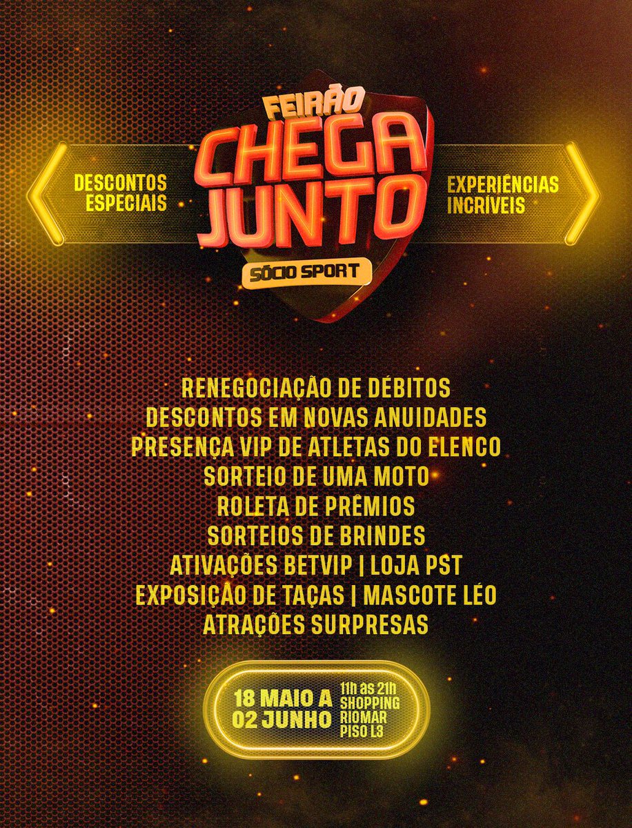 𝐂𝐇𝐄𝐆𝐀 𝐉𝐔𝐍𝐓𝐎! Tem Feirão de associação no Shopping RioMar, de 18 de maio a 02 de junho: vem ser sócio! 🤜🤛 #FeirãoChegaJunto

Roleta de prêmios, ativações de patrocinadores, presença do mascote, exposição de taças, sorteio de moto e mais: sportrecife.com.br/futebol/sport-…