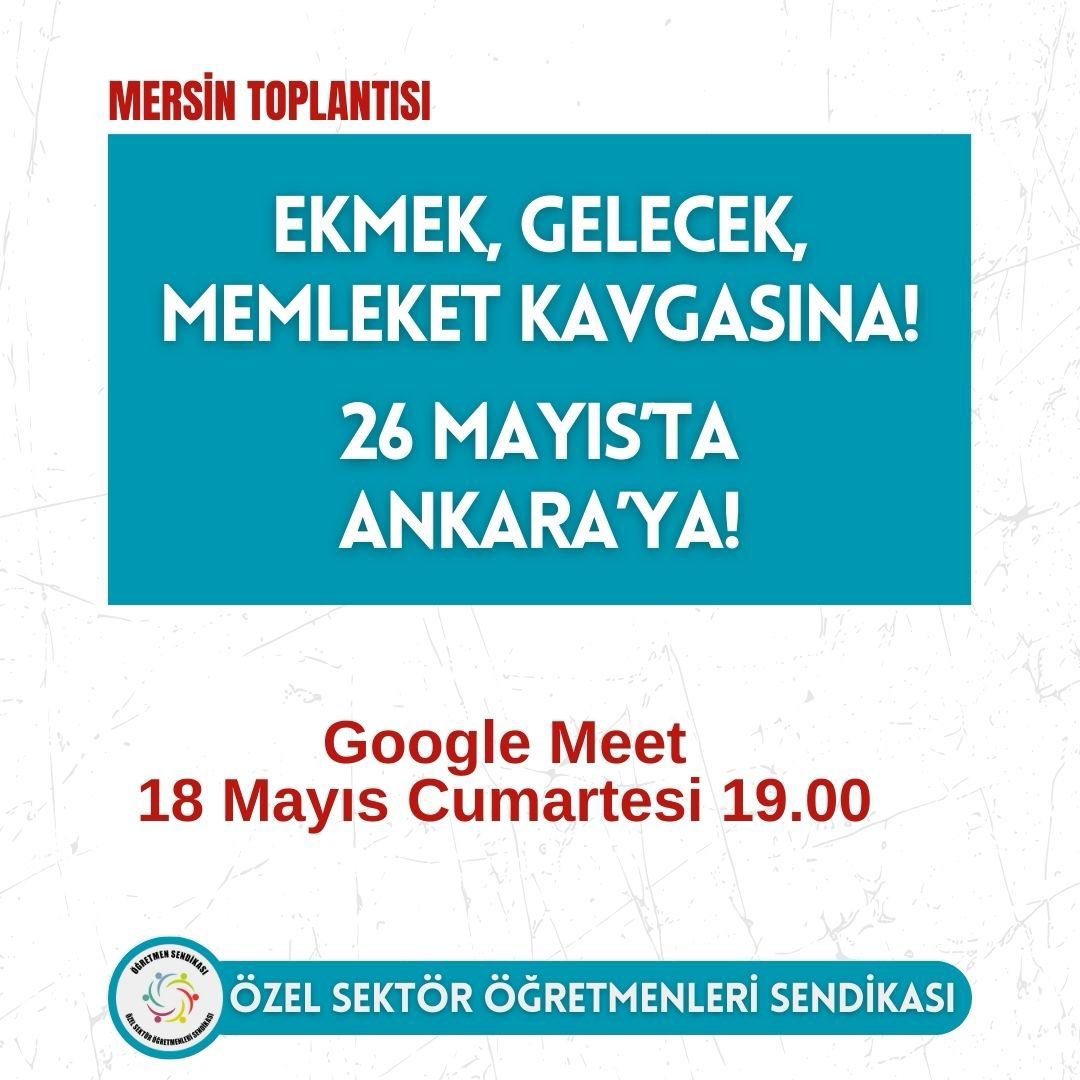 📣 Mersin | Bakanlığın yalanlarına karşı hakkımız olanlar için 26 Mayıs’ta Ankara’ya geliyoruz. Bu mücadelede ben de varım diyen, artık susmayan tüm meslektaşlarımızı bekliyoruz. Not: Katılmak isteyen meslektaşlarımız bize DM üzerinden ulaşabilir. 🗓️18 Mayıs Cumartesi ⏰19.00
