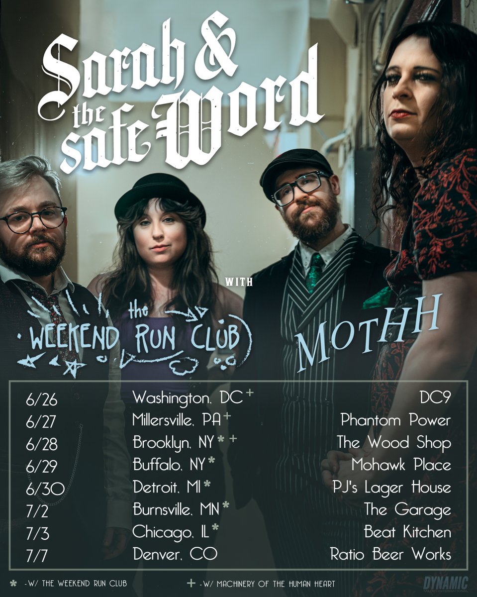 Sarah and the Safe Word (@satswband) on Twitter photo SUMMER TOUR! East coast and midwest - we can't wait to hit the road with our friends in <a href="/weekendrunclub/">the weekend run club ™ ©️®️</a> + <a href="/MOTHHofficial/">Machinery of the Human Heart</a>. Come get weird with us.
TICKETS on sale now: linktr.ee/sarahandthesaf… SUMMER TOUR! East coast and midwest - we can't wait to hit the road with our friends in <a href="/weekendrunclub/">the weekend run club ™ ©️®️</a> + <a href="/MOTHHofficial/">Machinery of the Human Heart</a>. Come get weird with us.
TICKETS on sale now: linktr.ee/sarahandthesaf…
