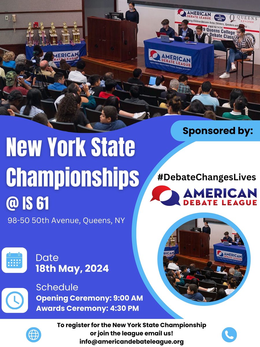 In 1 day, we will host over 500 debaters from across New York State at the 2024 New York State Elementary & Middle School Debate Championships on Saturday, May 18th at IS 61 in Queens. (District 24) #NYSDebateChampionships #DEBATECHANGESLIVES #LeadersOfTomorrow