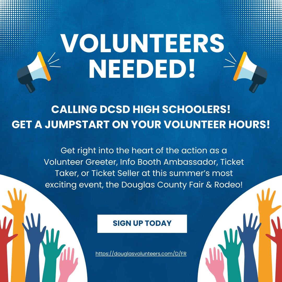 Attention DCSD high schoolers! Have fun while getting a jumpstart on volunteer hours this summer by volunteering at the Douglas County Fair & Rodeo! As a volunteer, you'll receive a pass for the fair, awesome swag, snacks, and more! Sign up online at pulse.ly/9jcnobd9jf