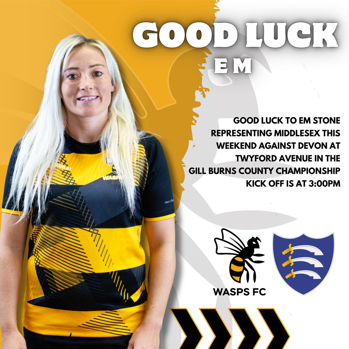 𝗚𝗢𝗢𝗗 𝗟𝗨𝗖𝗞 𝗘𝗠 Good Luck to Em Stone who is representing Middlesex this weekend against Devon at Twyford Avenue in the Gill Burns County Championship. Middlesex RFU vs Devon RFU Sunday 19th May Kick Off - 3:00pm waspsfc.co.uk/news/good-luck… #Rugby #London #OnceAWasp 🐝