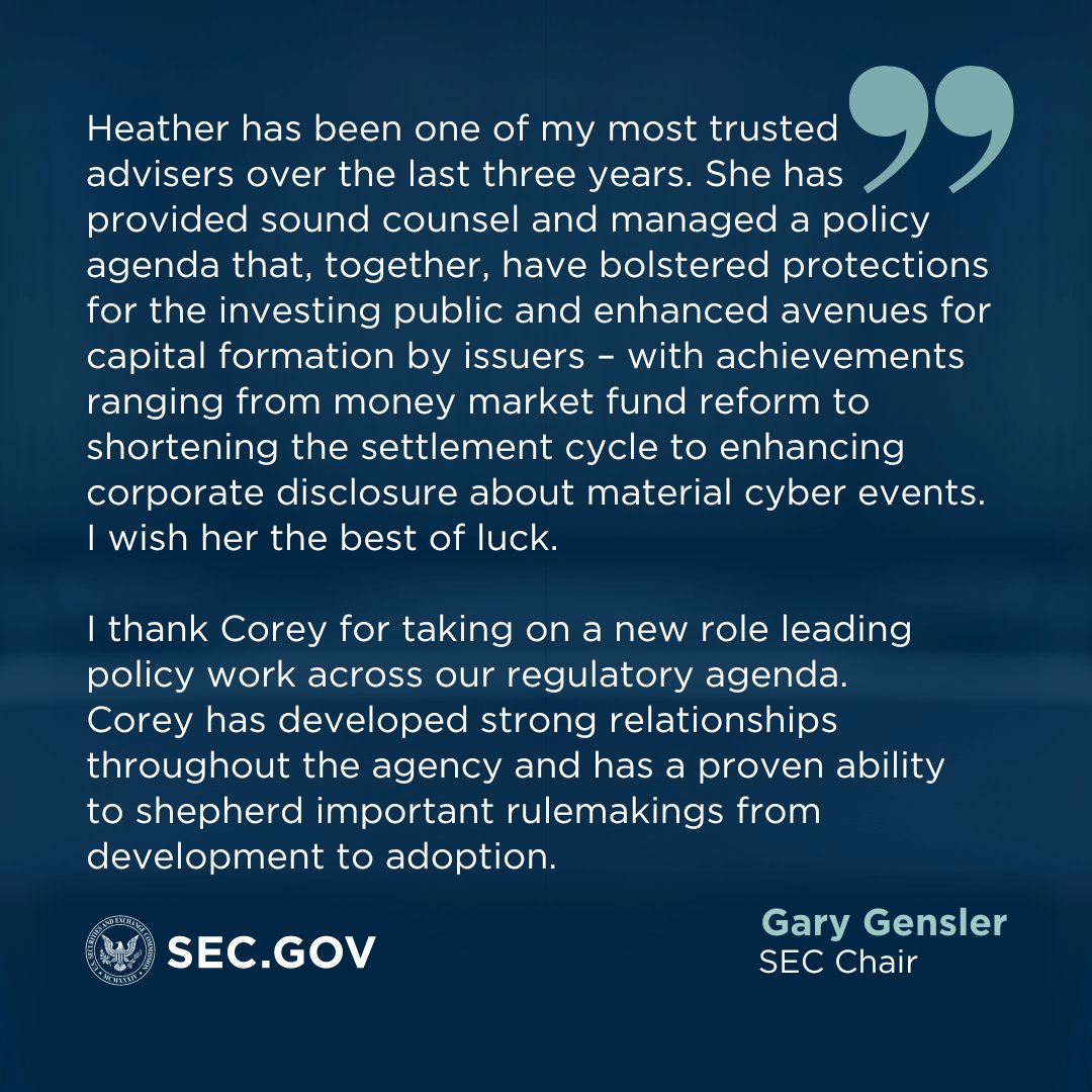 Today we announced @SECGov that Policy Director Heather Slavkin Corzo will leave the agency and Corey Klemmer has been appointed Policy Director. We will miss Heather dearly and I look forward to working with Corey in a new capacity at the agency. sec.gov/news/press-rel…