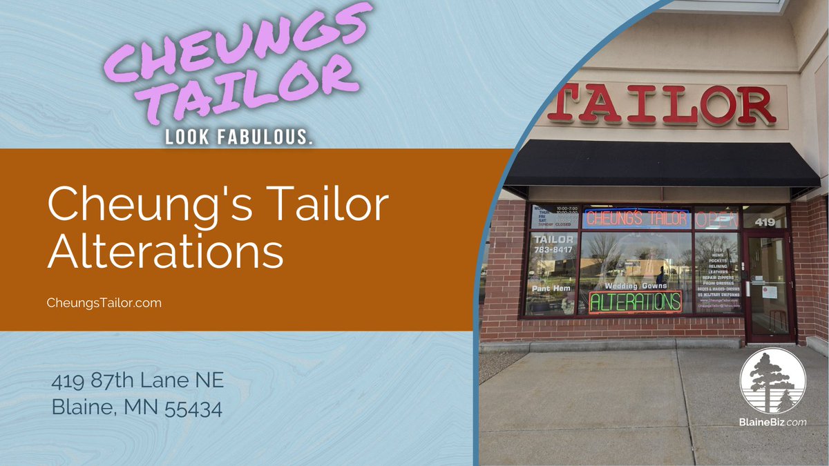 Celebrating National Small Business Month! Today's spotlight: Cheung's Tailor Alterations. With 33 years of experience, they offer expert tailoring services, including hemming and resizing. Visit them at 419 87th Lane NE or online at CheungsTailor.com #BlaineMN