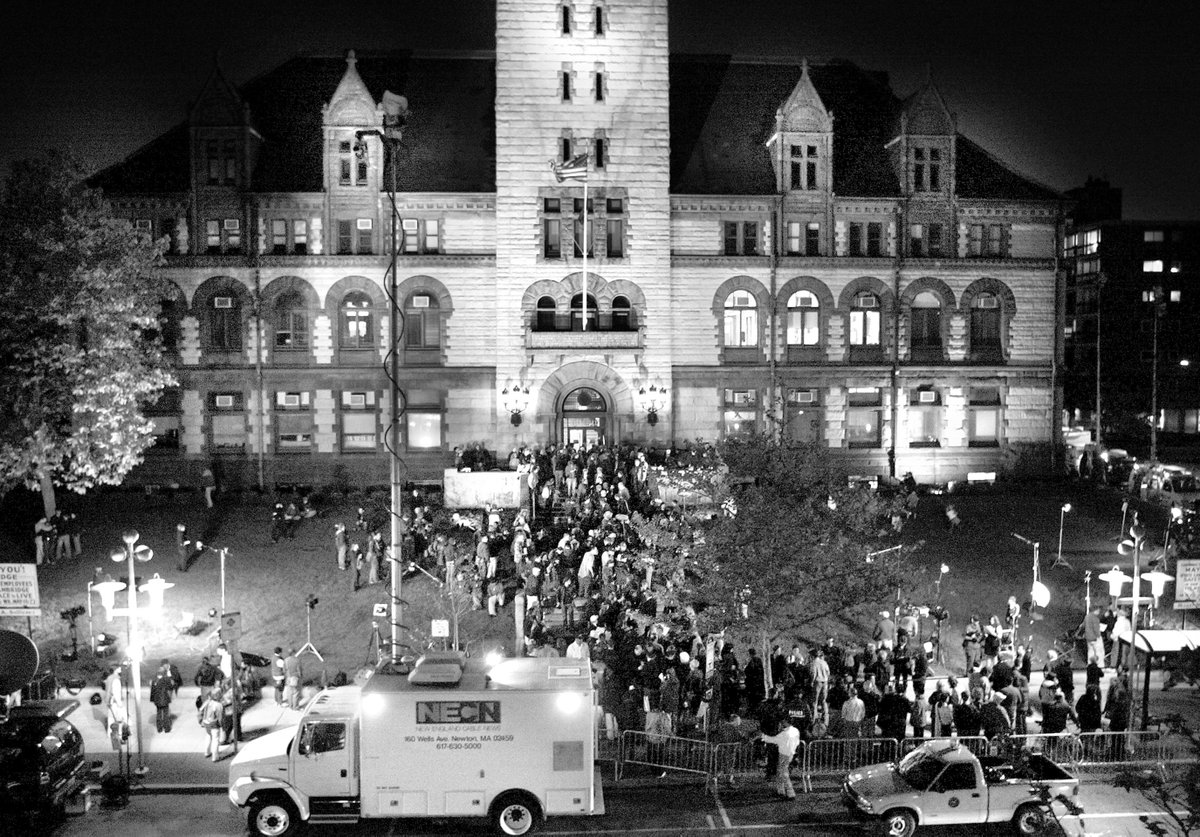 I photographed this twenty years ago today. The scene outside of Cambridge City Hall, nearing midnight, as Massachusetts was about to become the first state to legally perform same-sex marriages. #MaPoli @NECN