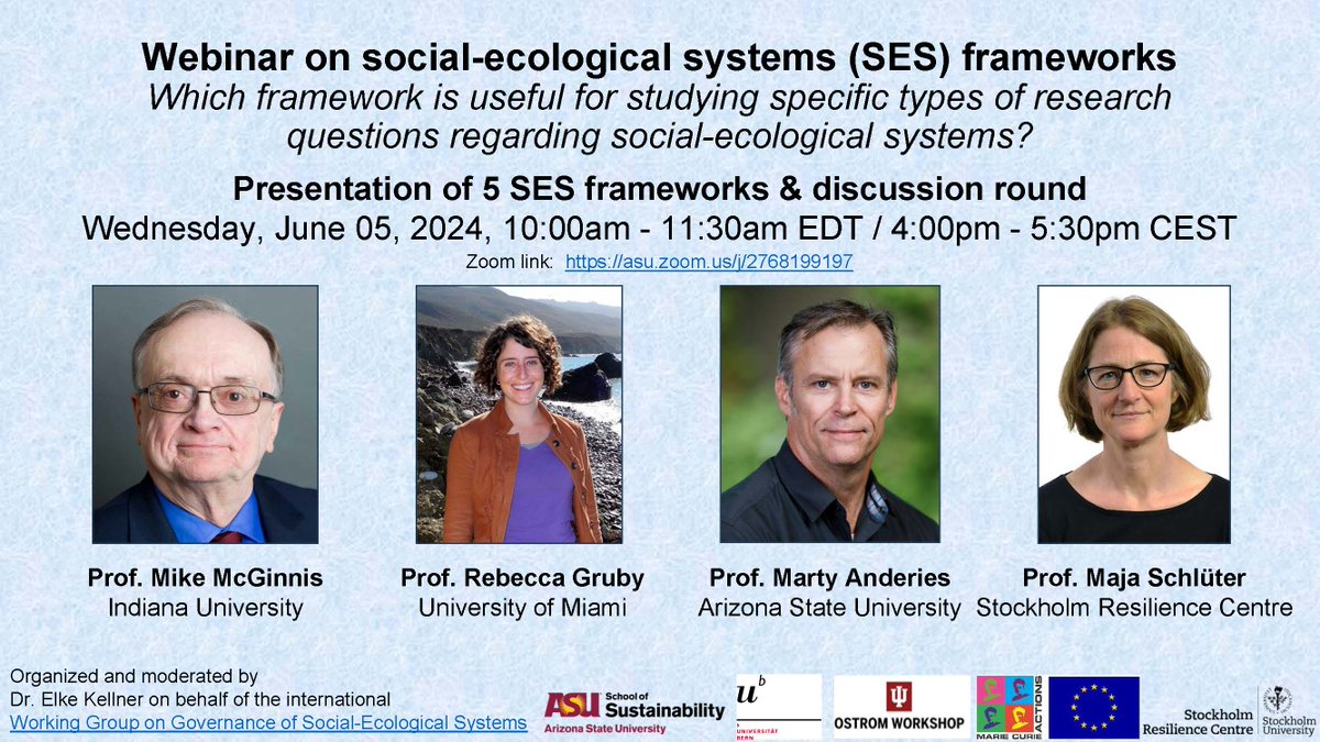 Interested in socio-ecological systems frameworks? Check out this webinar organized by @Elke__Kellner! Zoom link: asu.zoom.us/j/2768199197 Learn more about the Working Group on Governance of Social-Ecological Systems: earthsystemgovernance.org/research/worki…