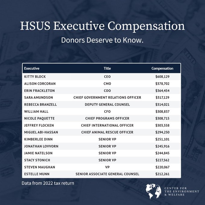 EnviroWelfare's tweet photo. Despite its name, the Humane Society of the United States operates 0 pet shelters and is unaffiliated with local humane societies. Here's how much their executives make: https://t.co/7Bj0oinSgh