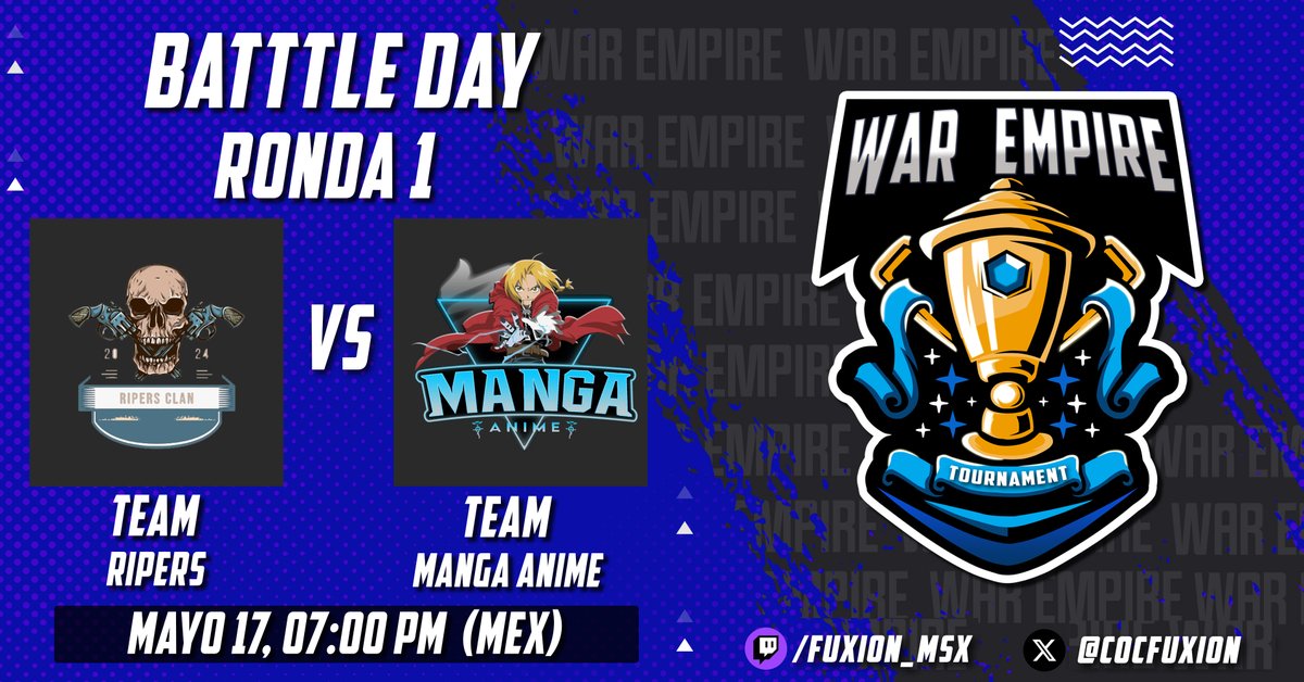 Comunidad Dark Soldiers (@c_darksoldiers) on Twitter photo 🔴VIERNES!
Arranca el fin de semana con un stream bueno⚡️
FINALES DE PRIMERA RONDA DE LA WAR EMPIRE 👑
🇨🇷Team Iluminaty vs Team Furia Gangsters🇨🇱
🇨🇴Team Ripers vs Team Manga Anime🇸🇻
Trasmitido <a href="/CocFuxion/">fuxion_msx</a>
twitch.tv/fuxion_msx 🔴VIERNES!
Arranca el fin de semana con un stream bueno⚡️
FINALES DE PRIMERA RONDA DE LA WAR EMPIRE 👑
🇨🇷Team Iluminaty vs Team Furia Gangsters🇨🇱
🇨🇴Team Ripers vs Team Manga Anime🇸🇻
Trasmitido <a href="/CocFuxion/">fuxion_msx</a>
twitch.tv/fuxion_msx
