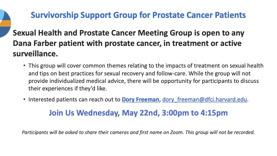 Join the Dana-Farber Adult Survivorship team in our Sexual Health and Prostate Cancer Group via Zoom 📅 Wed, May 22nd, 3-4:15pm ET Open to all Dana-Farber patients with prostate cancer. Email dory_freeman@dfci.harvard.edu for details. #ProstateCancer #SexualHealth