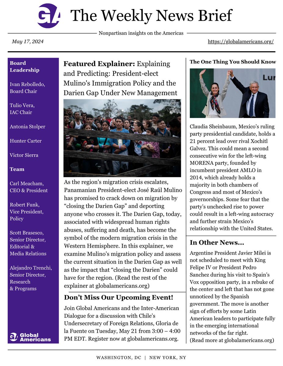 Explore our 'Weekly News Brief' for insights on events in Latin America, including Panama's proposed immigration policy and Mexico's election, and don't miss next Tuesday's event with Chile’s Undersecretary of Foreign Relations, Gloria de la Fuente. buff.ly/4ay0vZC