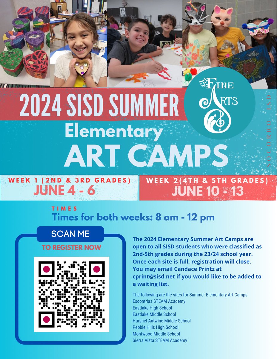 Registration for the 2024 #TeamSISD Summer Art Camps is now open. For more information or questions, please contact: cprint@sisd.net #SISDFineArts