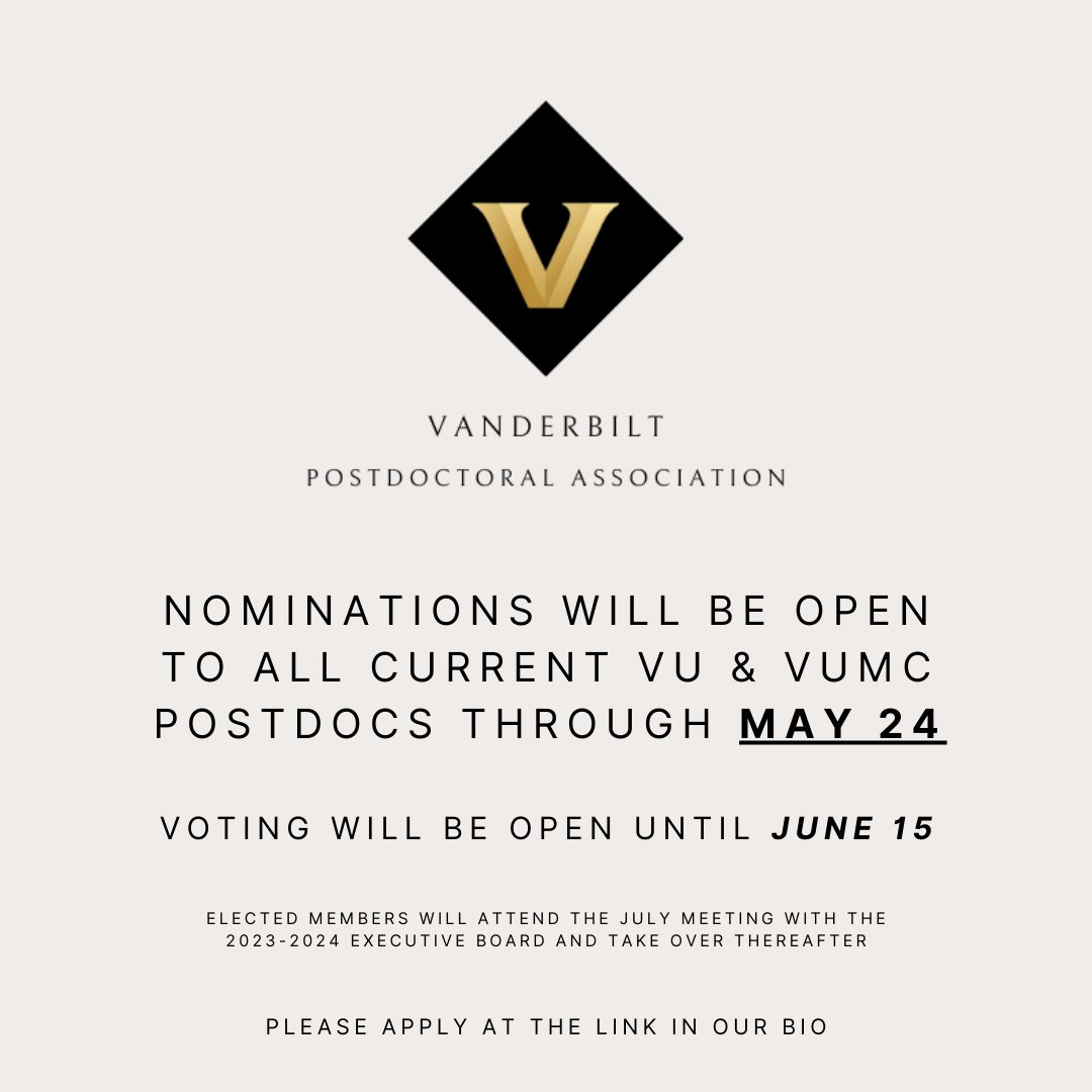 Vanderbilt Office of Postdoctoral Affairs (@vandyopa) on Twitter photo Nominations are open for the <a href="/VandyPostdoc/">VanderbiltPostdoctoralAssociation</a> 2024-2025 VPA Executive Board. The Executive Board helps to promote scholarly learning, social activities, and postdoc advocacy. Self-nominations are welcomed and encouraged!
Please submit by May 34 at redcap.link/hw359xse Nominations are open for the <a href="/VandyPostdoc/">VanderbiltPostdoctoralAssociation</a> 2024-2025 VPA Executive Board. The Executive Board helps to promote scholarly learning, social activities, and postdoc advocacy. Self-nominations are welcomed and encouraged!
Please submit by May 34 at redcap.link/hw359xse