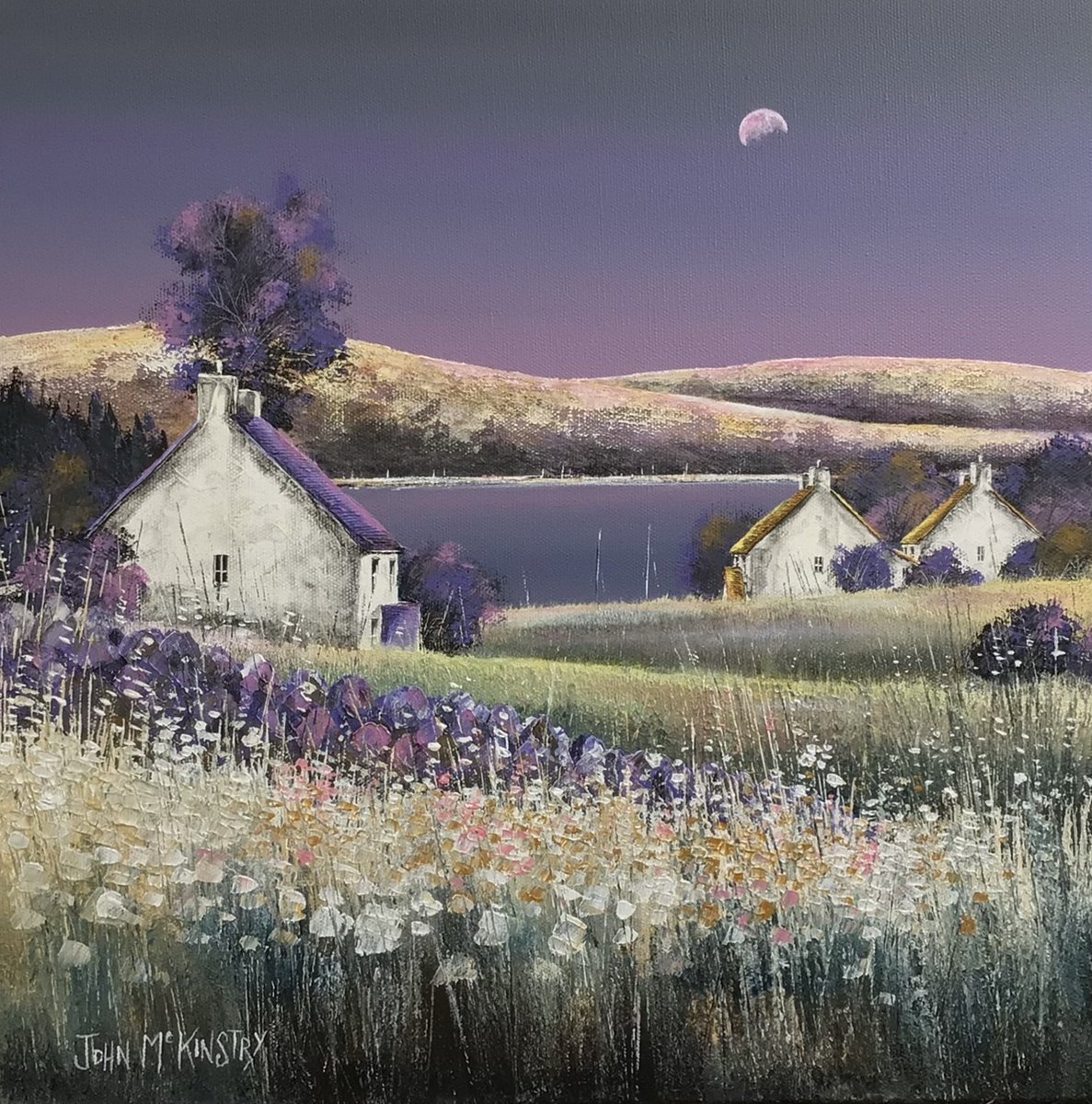 Good Night 💜 • Violet Moon and Estuary John Mckinstry art.