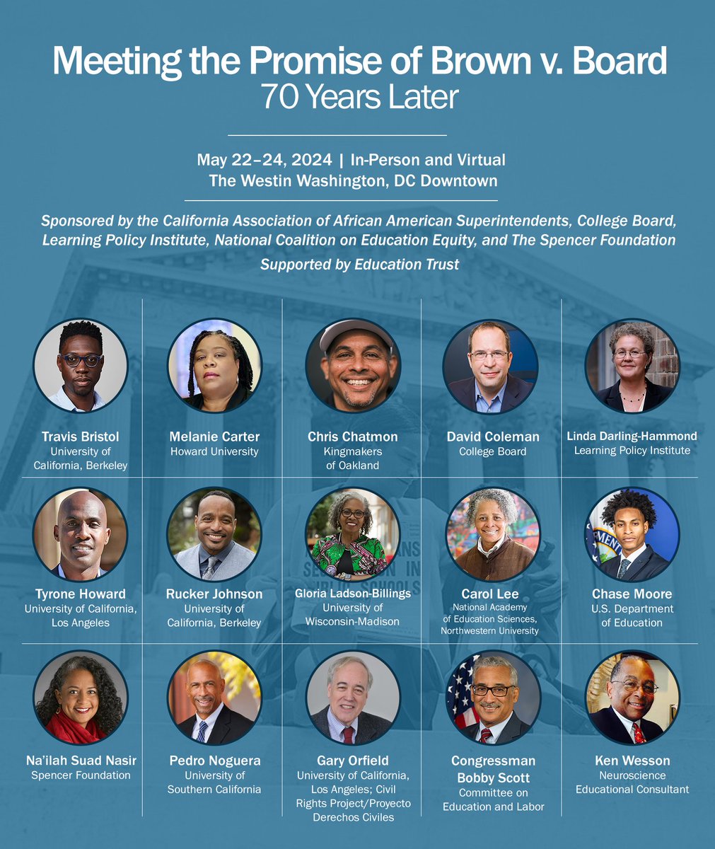 May 22–24 | Leading education researchers, civil rights advocates, legislators, and community leaders will convene for interactive sessions on what we have learned in the 70 years since the Brown v. Board decision and where we go from here. #BrownAt70 learningpolicyinstitute.org/event/meeting-…