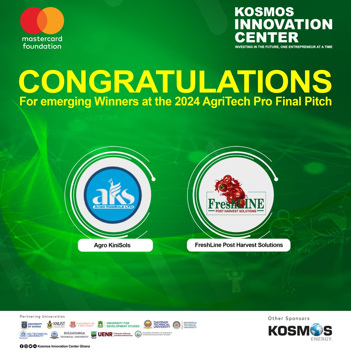 Congratulations to the winners for the USD 15,000 category!​
​#AgriTechChallengePro #AgriculturalInnovation #Sustainability ​

#YouthInAgriculture #International Development #MastercardFoundation  #KosmosEnergy