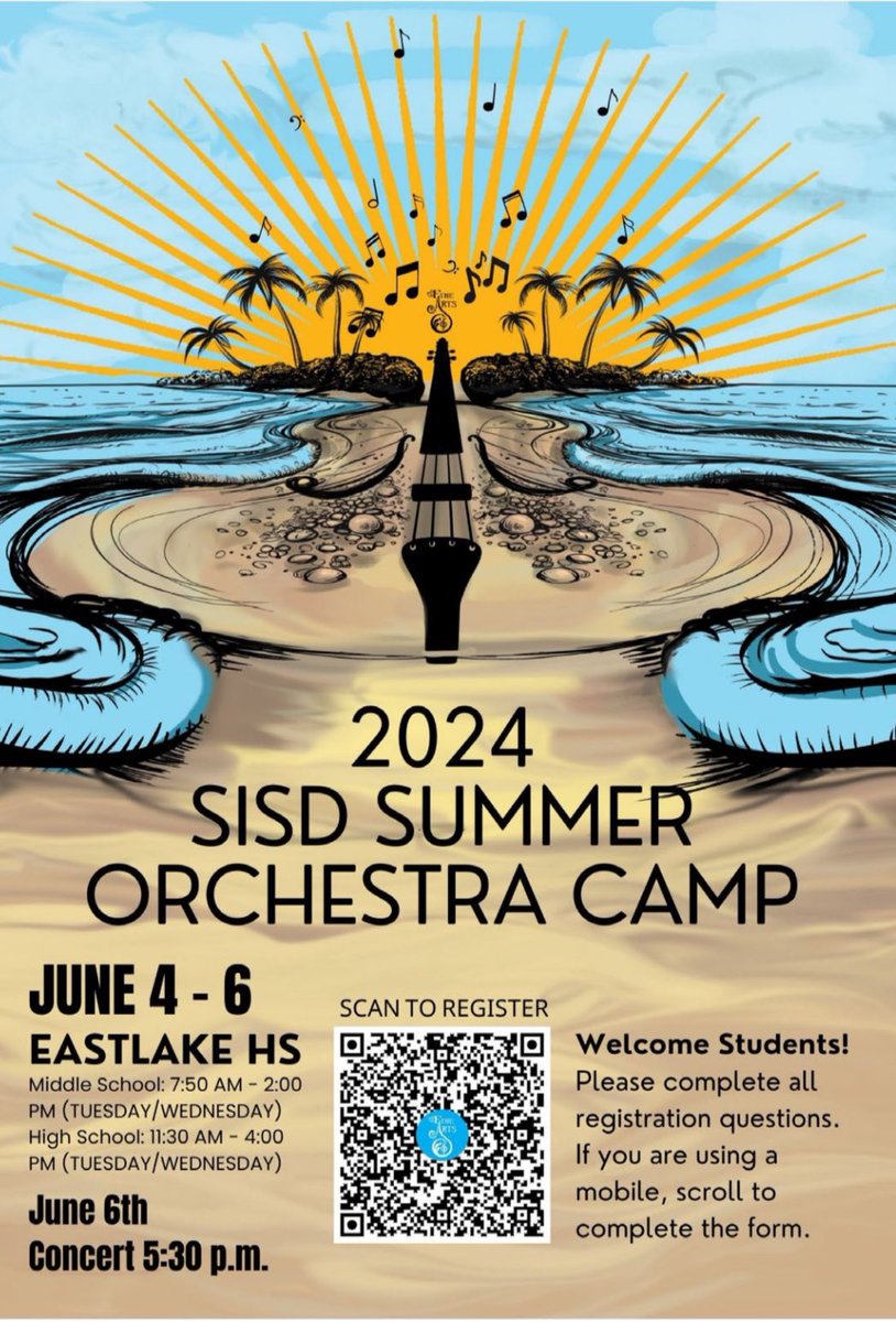 Registration for the 2024 #TeamSISD Summer Orchestra Camp is now open. For more information or questions, please contact your child’s orchestra director. #SISDFineArts