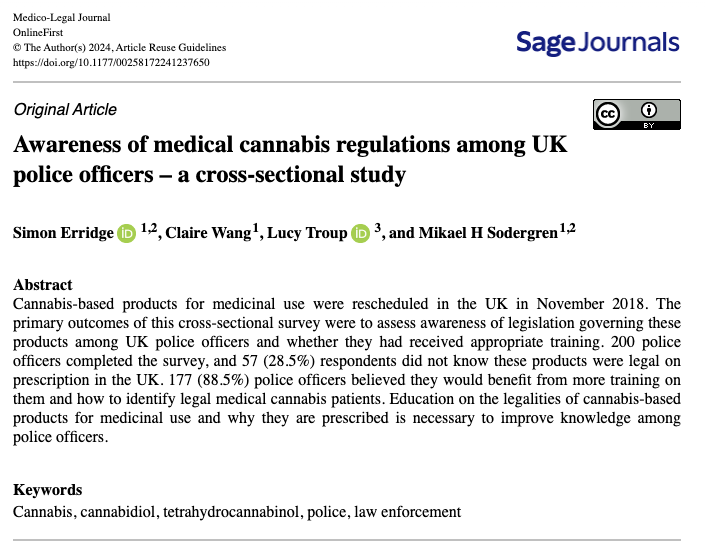 👮‍♂️ Our latest research reveals:

👉 1 in 4 UK police officers are unaware that #medicalcannabis is legal on prescription

👉 2 in 3 have had inadequate training on medical cannabis

👉 90% feel they need more training

doi.org/10.1177/002581…

1/3
