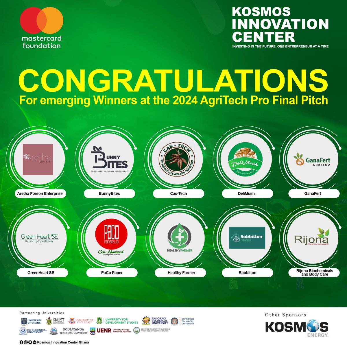 Congratulations to the winners for the USD 10,000 category!​

#AgriTechChallengePro #AgriculturalInnovation #Sustainability ​

#YouthInAgriculture #International Development #MastercardFoundation #KosmosEnergy