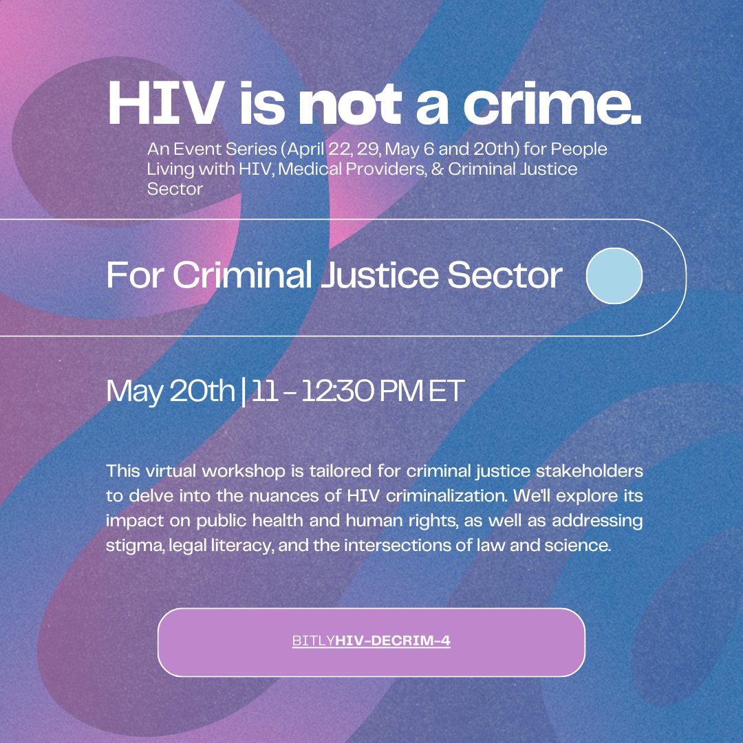 On Monday, join CHLP, @transequity_ and @nycHealthy for a virtual training on HIV criminalization for criminal justice stakeholders in NY. What's the impact on public health / human rights and how does law and science intersect? More info: hivlawandpolicy.org/events/hiv-not…
#HIVisNotaCrime