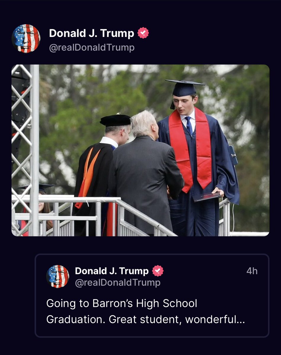 President Trump just shared this photo from Barron’s graduation today on Truth Social 🥰