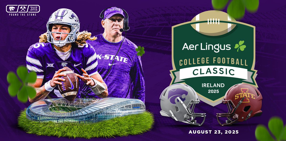 A once in a lifetime experience! ✈️🇮🇪 Ticket packages for the 2025 Aer Lingus College Football Classic in Ireland are ON SALE NOW. 🔗 k-st.at/44Oelpt #KStateFB x @cfbireland