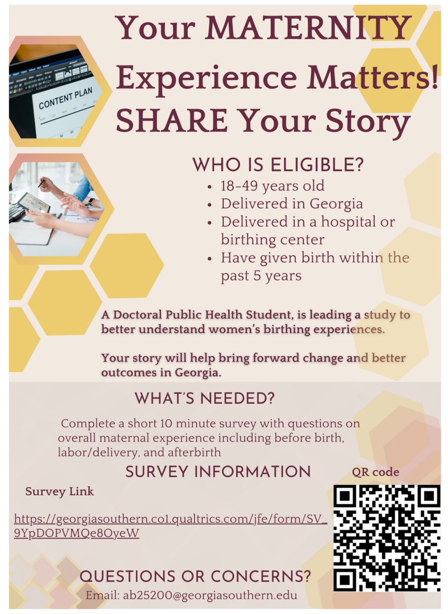 🌟 Your Maternity Experience Matters! 🌟 Share your birthing story and help improve maternal care in Georgia. If you delivered in GA within the last 5 years, take our 10-minute survey: [Survey](georgiasouthern.col.qualtrics.com/jfe/form/SV.9Y…) 🌼