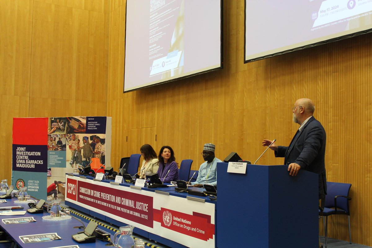 At the #CCPCJ33 side event organized by UNODC🇳🇬, Joint Investigation Centre (JIC) Commander, Col. Aliyu Ahmed, shared the pivotal role of the Center in bringing terrorists to justice & promoting their rehabilitation.   Inspiring lessons on 🤝 counter-terrorism efforts globally.