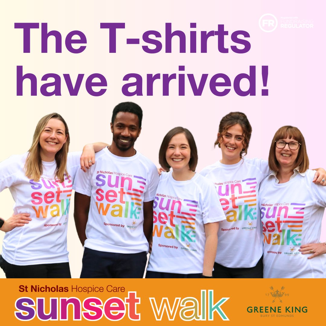 T-shirt reveal for our brand new Sunset Walk event on 22 June! Taking part? Don't forget our T-shirt handout sessions: 18 May, 10am-6pm, Greene King Beer Café, Westgate Street; 22 May, 5-7pm, the Hospice, Hardwick Lane. You can also collect on the night. stnicholashospice.org.uk/fundraising-ev…