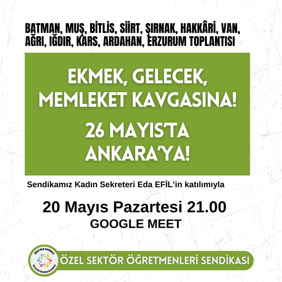 📣 Ekmek, gelecek, memleket kavgasında 26 Mayıs'ta Ankara'da olacağız. Yurdun dört bir yanından akın akın geliyoruz. Taban maaş sürecini konuşup yerelde ve genelde neler yapabileceğimizi hep beraber planlamak için tüm meslektaşlarımızı toplantımıza bekliyoruz! Not: Katılmak