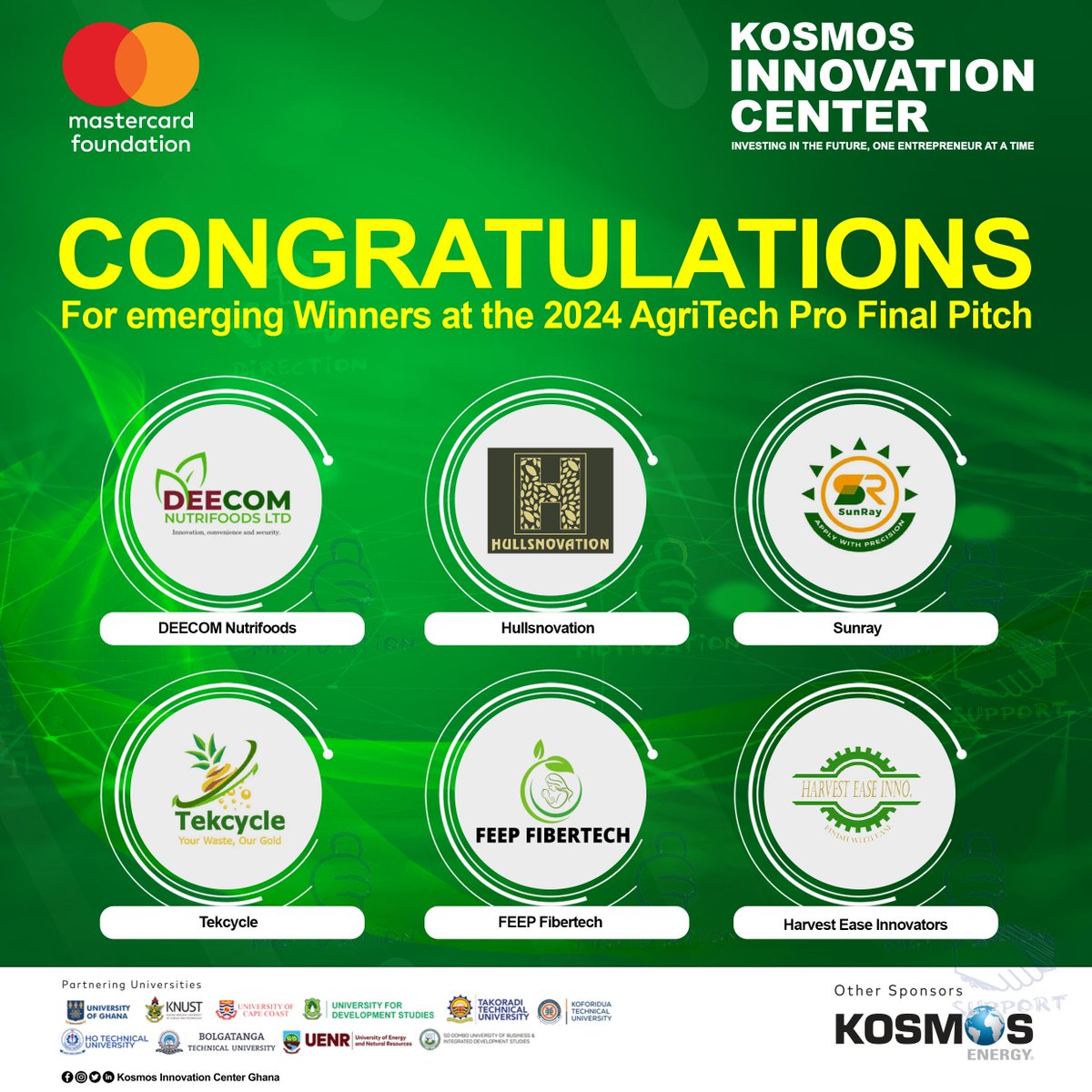 Congratulations to the winners for the USD 20,000 category!​

#AgriTechChallengePro #AgriculturalInnovation #Sustainability ​

#YouthInAgriculture #International Development #MastercardFoundation  #KosmosEnergy