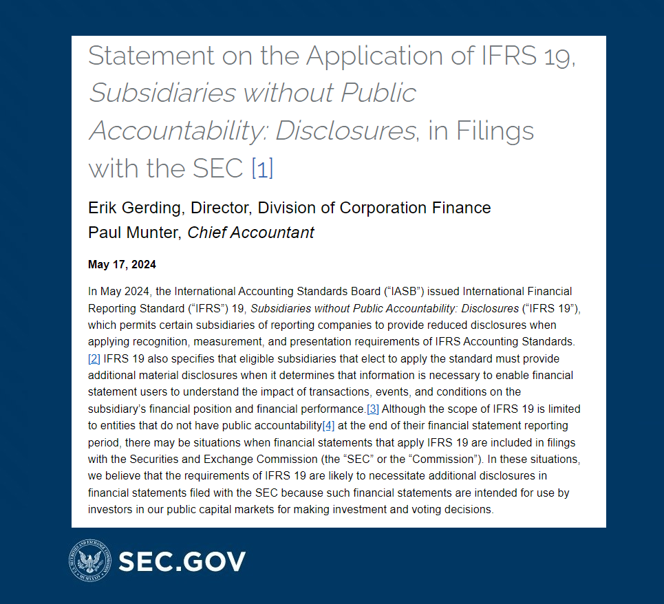 SEC Staff issues statement on the application of IFRS 19, 'Subsidiaries without Public Accountability: Disclosures,' in filings with the SEC sec.gov/news/statement… #SEC #IFRS #IFRS19