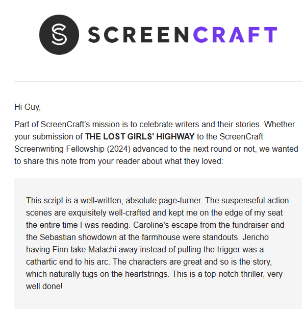 Thx @screencrafting for the kind words about THE LOST GIRLS' HIGHWAY. You never know why a script doesn't advance with a review like this one. Until you read the last 2 words. That's close to well told. 🤣 Seriously, I'm thrilled that the script's emotions reached off the page!